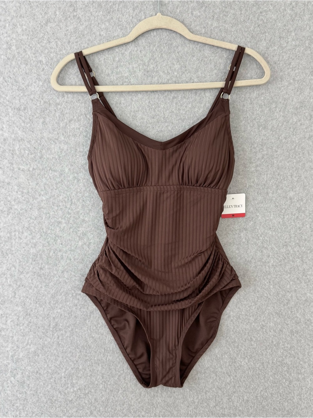 Ellen Tracy Women's One Piece Swimsuit Brown Size Medium Ribbed Ruched NWT